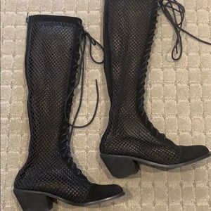 Jeffery Campbell lace up fishnet knee boots